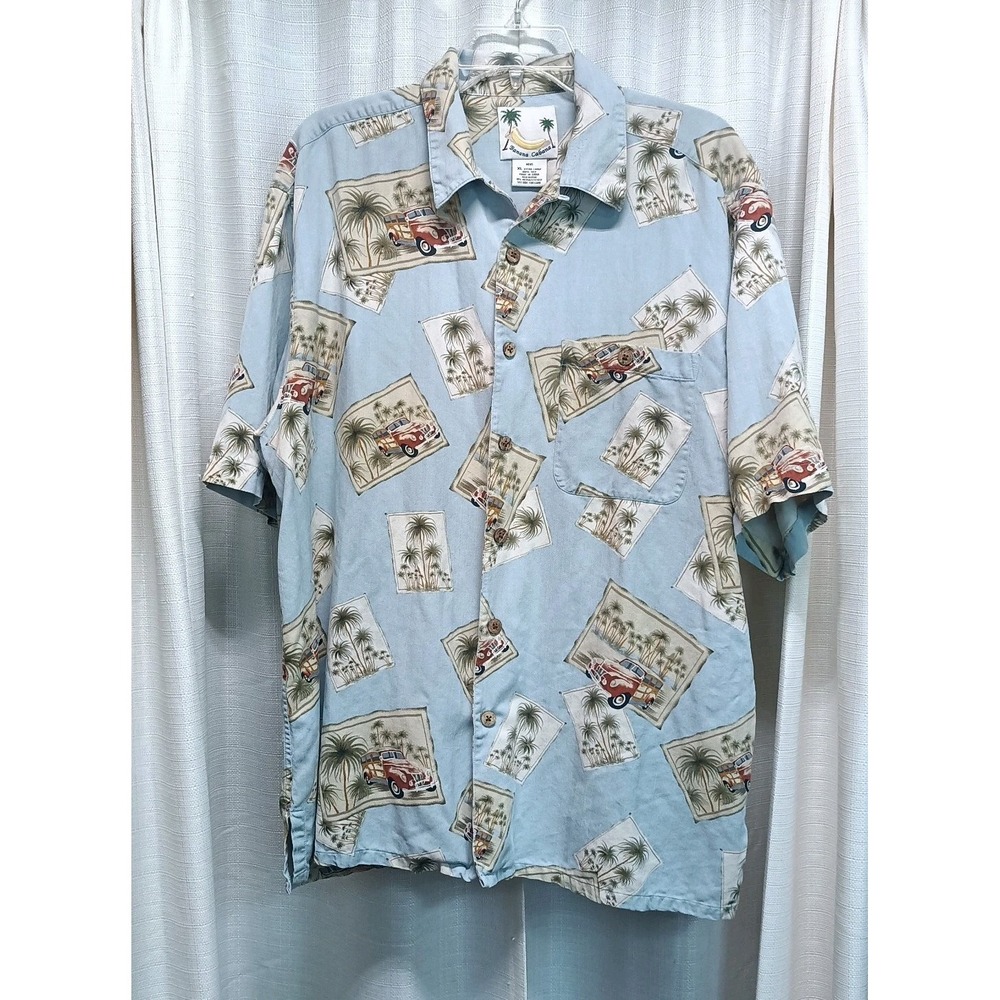 Banana Cabana Men's Size XL 100% Silk Blue‎ Hawaiian Classic Car Button Up Shirt